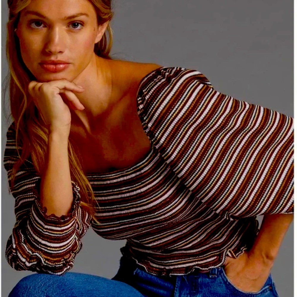 Anthro Smocked Square Neck Top W/ Bell Sleeves